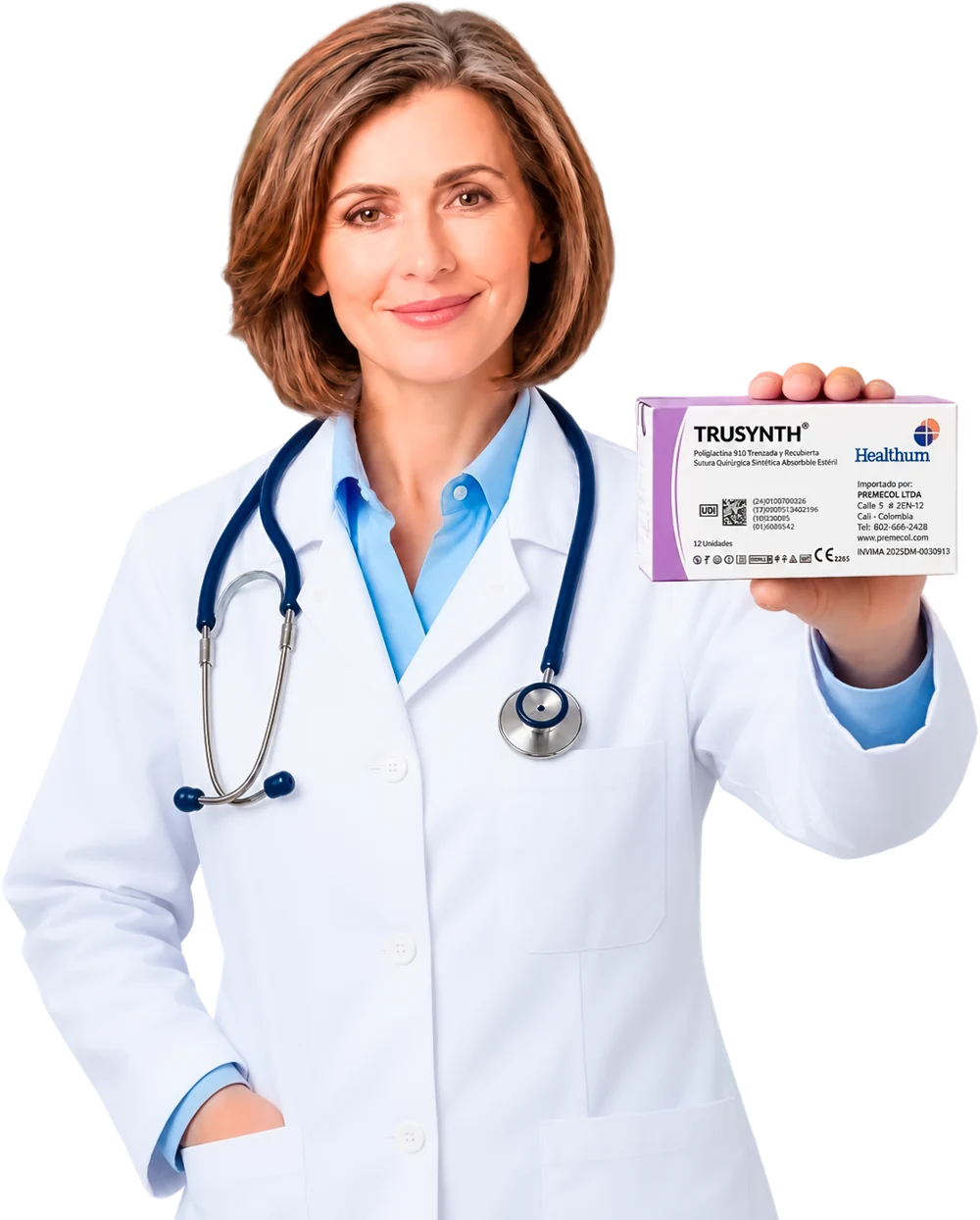 Profesional de la salud mostrando una caja de suturas Trusynth de Healthium