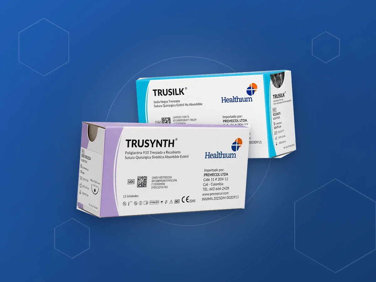 Cajas de suturas quirúrgicas Healthium Trusynth y Trusilk distribuidas por Premecol